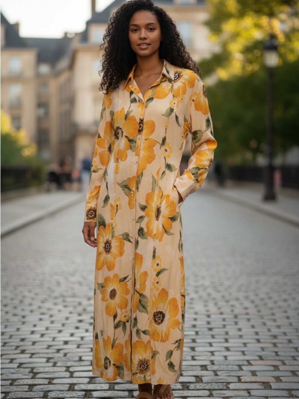 Acne Floral Long-Sleeve Shirt Dress in Yellow and Cream